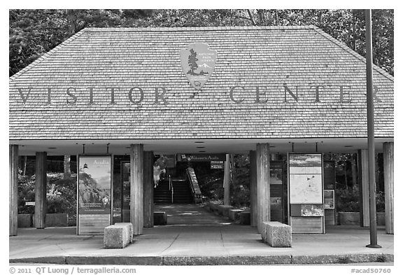 Visitor center entrance. Acadia National Park (black and white)