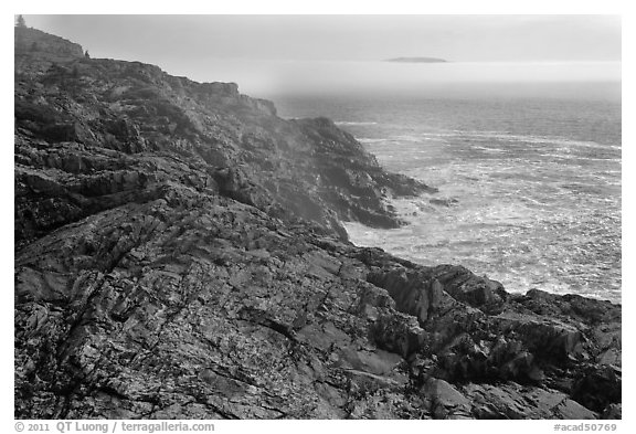 Coastline and offshore fog. Acadia National Park (black and white)