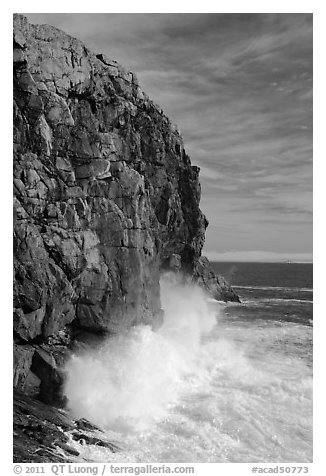 Surf crashing at base of Great Head. Acadia National Park (black and white)