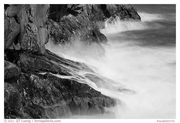 Fog-like water from long exposure at base of cliff. Acadia National Park (black and white)