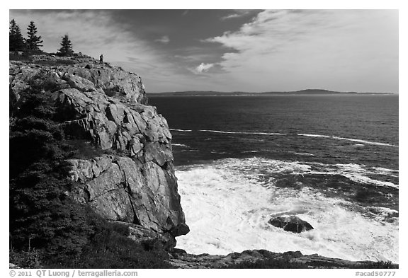 Tall granite sea cliff with person standing on top. Acadia National Park, Maine, USA.