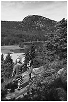 Hikers above Sand Beach. Acadia National Park, Maine, USA. (black and white)