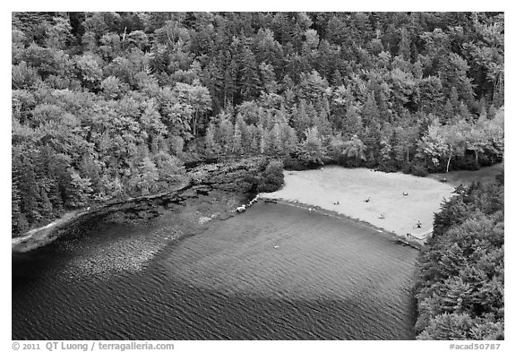 Beach on Echo Lake seen from above. Acadia National Park (black and white)