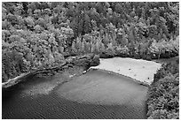 Beach on Echo Lake seen from above. Acadia National Park, Maine, USA. (black and white)