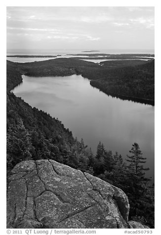 Jordan Pond and islands from Bubbles in summer. Acadia National Park, Maine, USA.