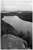 Jordan Pond and islands from Bubbles in summer. Acadia National Park, Maine, USA. (black and white)