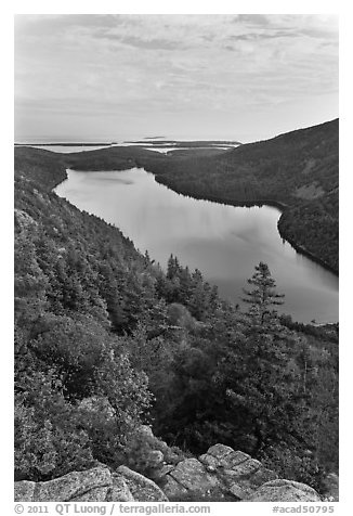 Jordan Pond and islands from Bubbles at sunset. Acadia National Park (black and white)