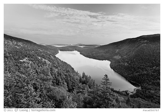 Hills, Jordan Pond, and sunset clouds. Acadia National Park (black and white)