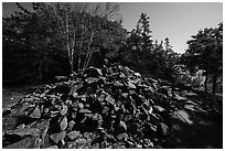 Pile of rocks marking summit of Bar Harbor Island. Acadia National Park ( black and white)