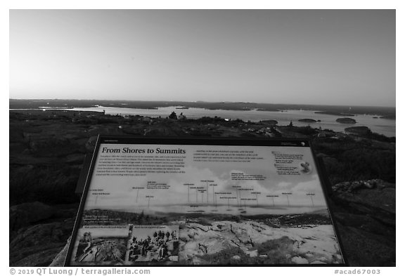 From Shores to Summits interpretive sign, Cadillac Mountain. Acadia National Park (black and white)