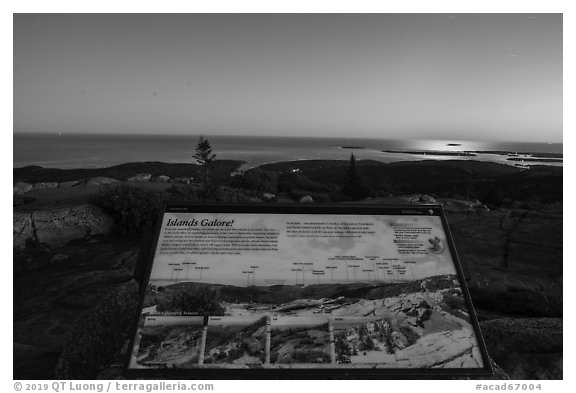 Islands Galore interpretive sign, Cadillac Mountain. Acadia National Park (black and white)