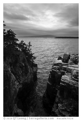 Sea cliffs of Ravens Nest and Cadillac Mountain. Acadia National Park (black and white)