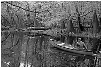 Canoist on Cedar Creek. Congaree National Park, South Carolina, USA. (black and white)