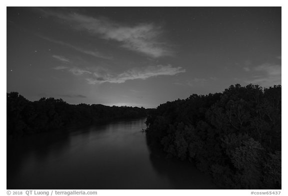 Congaree river at night from Bates Bridge. Congaree National Park (black and white)