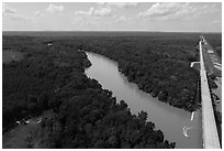 Aerial view of Congaree River, Bates Bridge and flooded landing. Congaree National Park ( black and white)