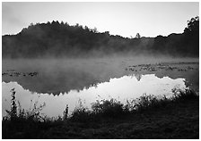 Mist raising from Kendall Lake at sunrise. Cuyahoga Valley National Park, Ohio, USA. (black and white)