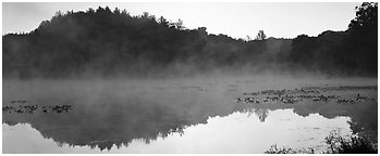 Fog rising of lake at dawn. Cuyahoga Valley National Park (Panoramic black and white)