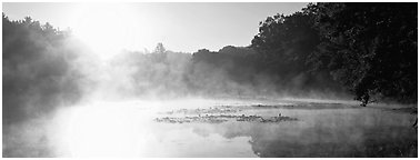 Sun rising above misty lake at dawn. Cuyahoga Valley National Park (Panoramic black and white)