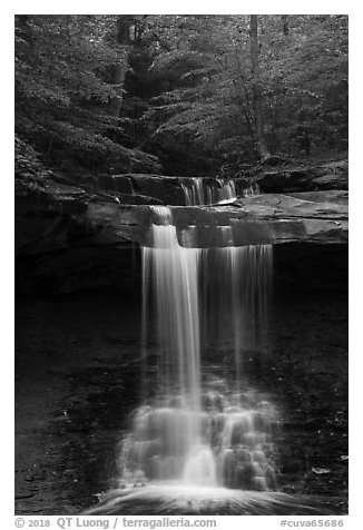 Blue Hen Falls dropping over ledge in summer. Cuyahoga Valley National Park (black and white)