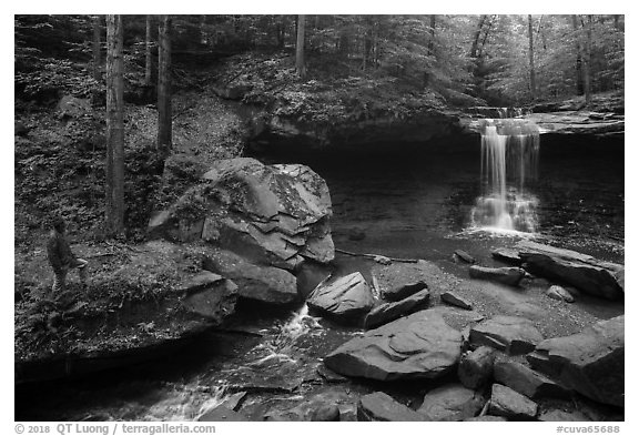 Visitor looking, Blue Hen Falls. Cuyahoga Valley National Park (black and white)