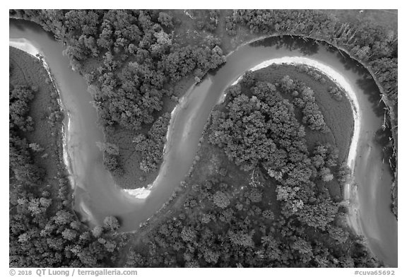 Aerial view of Cuyahoga River meanders looking down. Cuyahoga Valley National Park (black and white)