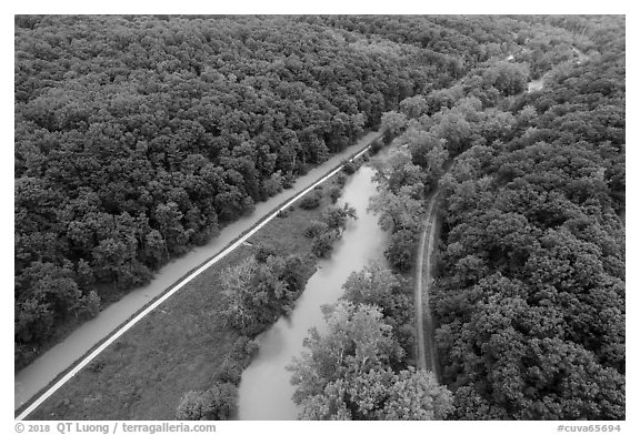 Aerial view of Ohio Erie Canal, Towpath Trail, Cuyahoga River, Scenic Railroad. Cuyahoga Valley National Park (black and white)
