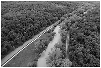 Aerial view of Ohio Erie Canal, Towpath Trail, Cuyahoga River, Scenic Railroad. Cuyahoga Valley National Park ( black and white)