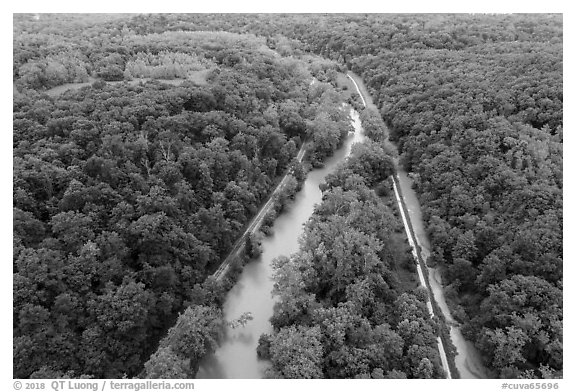 Aerial view of Scenic Railroad along Cuyahoga River and Towpath Trail along Ohio Erie Canal. Cuyahoga Valley National Park (black and white)