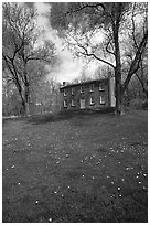 Frazee house with spring wildflowers. Cuyahoga Valley National Park, Ohio, USA. (black and white)