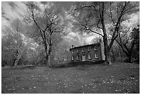 Frazee house with spring wildflowers. Cuyahoga Valley National Park, Ohio, USA. (black and white)