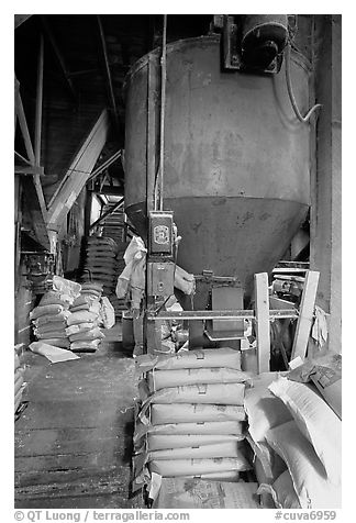 Distributor and bags of bird seeds in Wilson Mill. Cuyahoga Valley National Park (black and white)