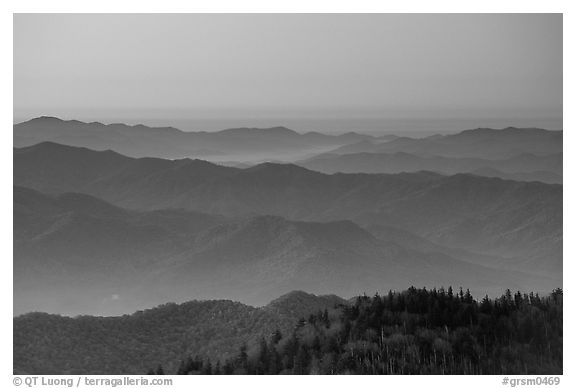 Blue ridges and orange dawn glow from Clingman's dome, North Carolina. Great Smoky Mountains National Park, USA.