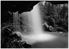 Grotto falls seen from under overhang, Tennessee. Great Smoky Mountains National Park ( black and white)