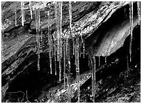 Rock, Icicles and snow, Tennessee. Great Smoky Mountains National Park, USA. (black and white)