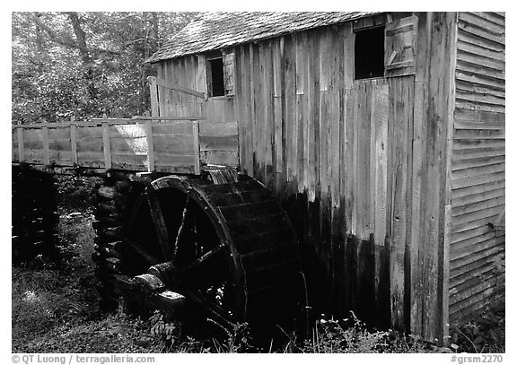 Water-powered gristmill, Cades Cove, Tennessee. Great Smoky Mountains National Park (black and white)