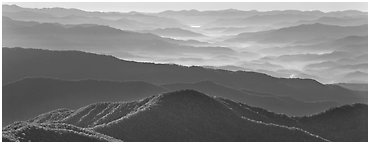 Hazy Appalachian mountaintop ridges. Great Smoky Mountains National Park (Panoramic black and white)