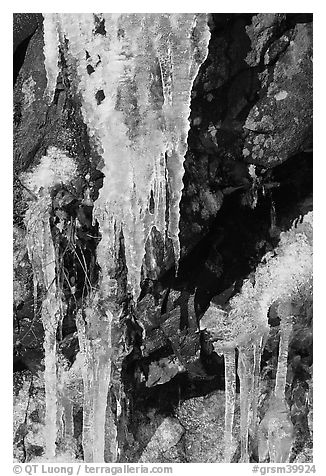 Icicles and rock, overnight frost, North Carolina. Great Smoky Mountains National Park, USA.