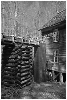 Millrace and Mingus grist mill, North Carolina. Great Smoky Mountains National Park, USA. (black and white)