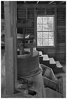Main room of Mingus Mill, North Carolina. Great Smoky Mountains National Park, USA. (black and white)
