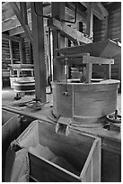 Turbine-powered grist stones inside Mingus Mill, North Carolina. Great Smoky Mountains National Park, USA. (black and white)