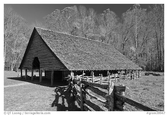 Cantilever barn and fence, Oconaluftee, North Carolina. Great Smoky Mountains National Park (black and white)