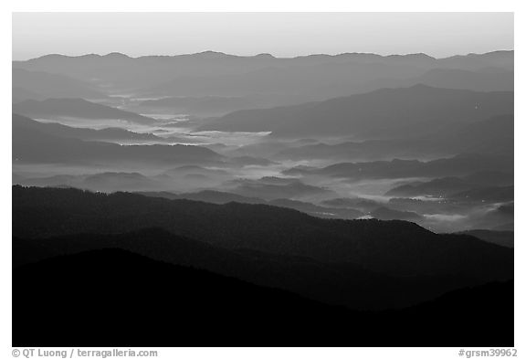 Ridges and valley fog seen from Clingman Dome, sunrise, North Carolina. Great Smoky Mountains National Park (black and white)