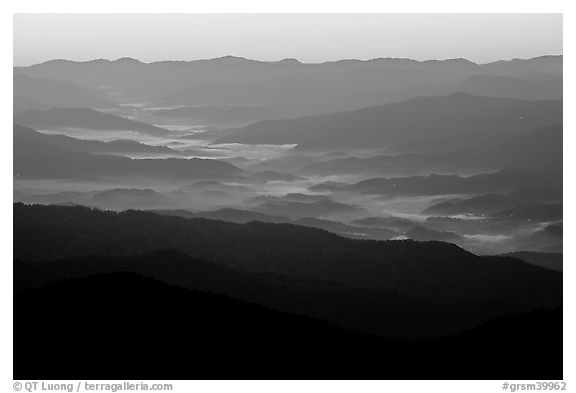 Ridges and valley fog seen from Clingman Dome, sunrise, North Carolina. Great Smoky Mountains National Park, USA.