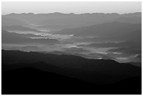 Ridges and valley fog seen from Clingman Dome, sunrise, North Carolina. Great Smoky Mountains National Park, USA. (black and white)