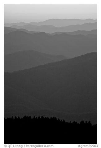 Mountain ridges seen seen from Clingman Dome and sunrise glow, North Carolina. Great Smoky Mountains National Park (black and white)