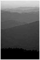 Mountain ridges seen seen from Clingman Dome and sunrise glow, North Carolina. Great Smoky Mountains National Park, USA. (black and white)