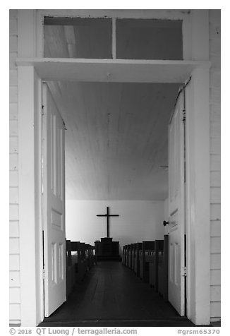 Palmer Chapel doorway and interior,  Cataloochee, North Carolina. Great Smoky Mountains National Park (black and white)