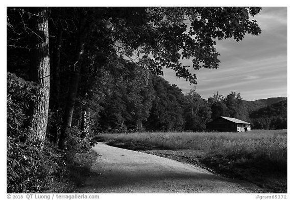 Road and barn, Big Cataloochee, North Carolina. Great Smoky Mountains National Park (black and white)