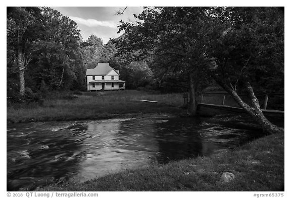 River and Caldwell House, Cataloochee, North Carolina. Great Smoky Mountains National Park (black and white)