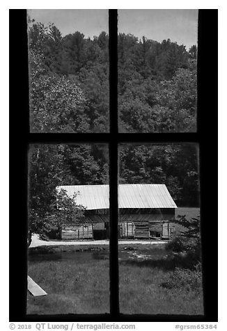Caldwell Barn from Caldwell House window, Cataloochee, North Carolina. Great Smoky Mountains National Park (black and white)